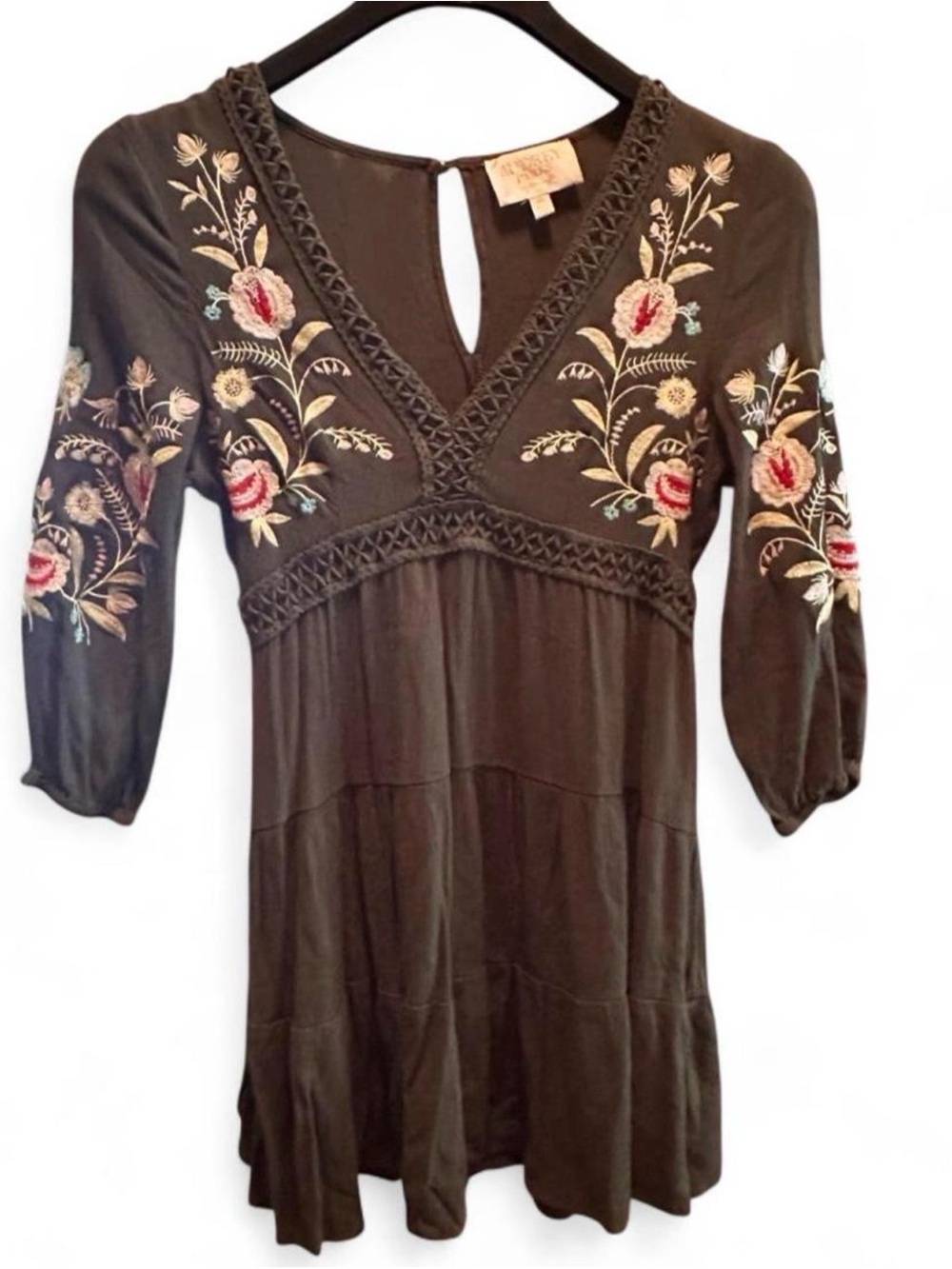 Francesca’s x Audrey Parks Jordina Embroidered Mini Dress Olive Green Sz Medium - Picture 2 of 7